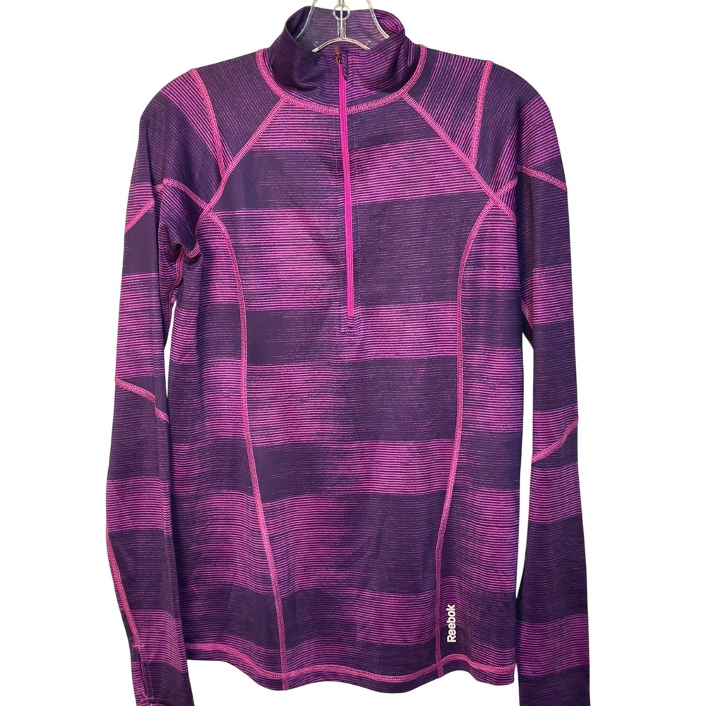 Reebok 1/4 Zip Long Sleeve Athletic Top Purple Pink Stripes Running Base Layer M